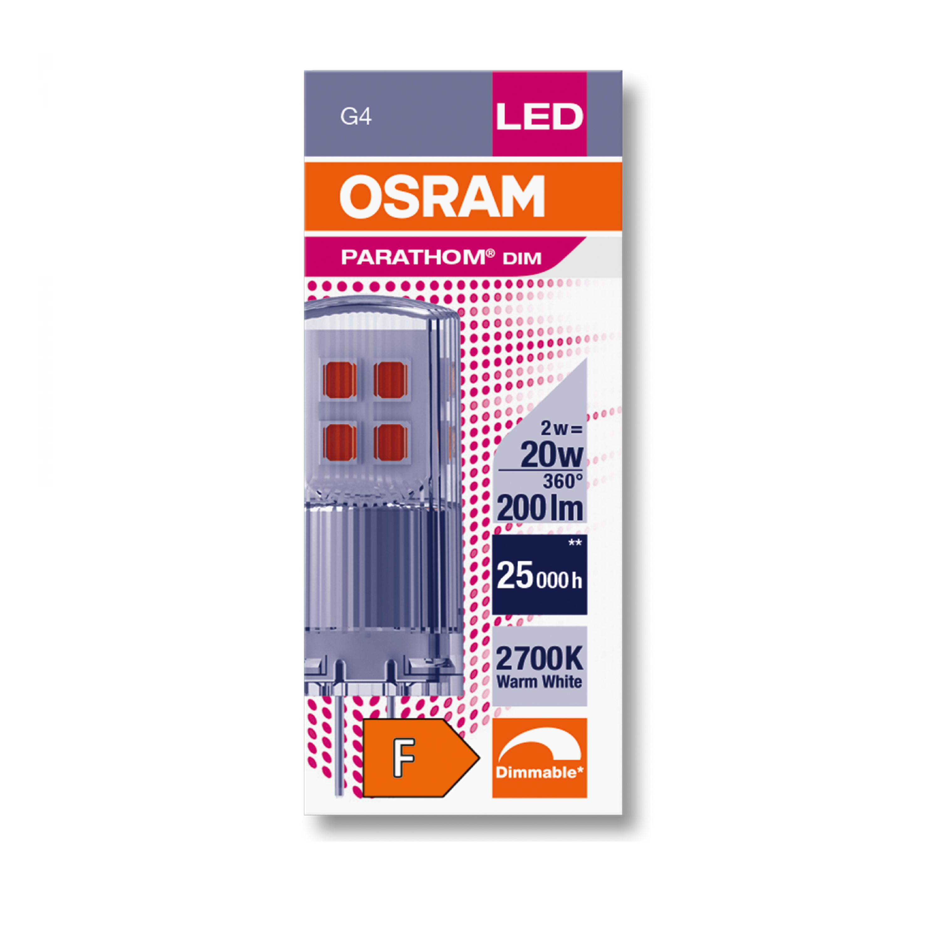 Osram Parathom LED PIN G4 12V 2W 200 LUMENS 827 Warm White DIMMABLE Replaces 20W